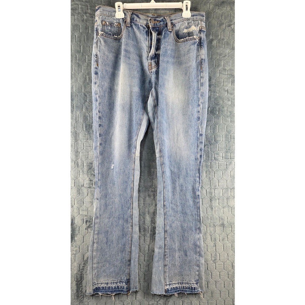 mnml Mens Light Wash Distressed Flared Raw Hem Denim Jeans Size 32 Streetwear